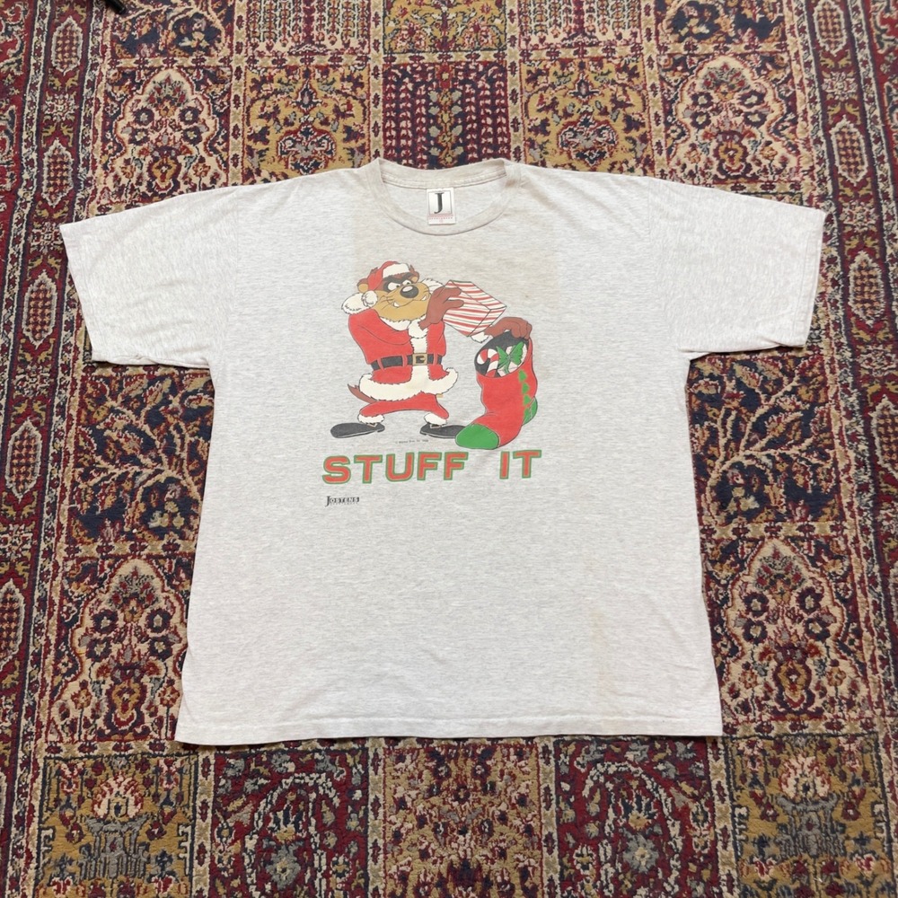 VTG 1988 Warner Bros Taz Mania Stuff‎ It Christmas Graphic T Shirt XL USA Gray